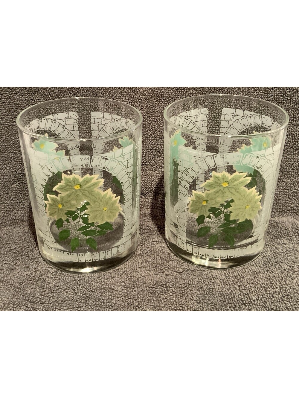 Vintage 1981 Broadmoor Holiday Barware White Poinsettia 12oz. Glasses Set of Two